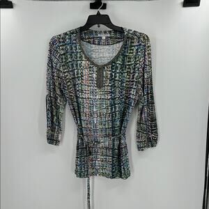 Alberto Makali Colorful Blouse with beaded neckline and waist tie - Large